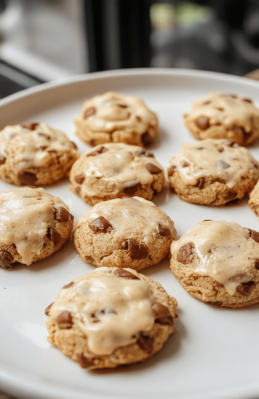 Bunte vegane Ausstechplätzchen auf einem weißen Teller, umgeben von frischen Blumen und hellen Oster- und Weihnachtsdekorationen, mit glasierten Herzen, Sternen und Kreisen, gelb, rot, grün und weiß, samtige Textur, frisch gebacken und einladend