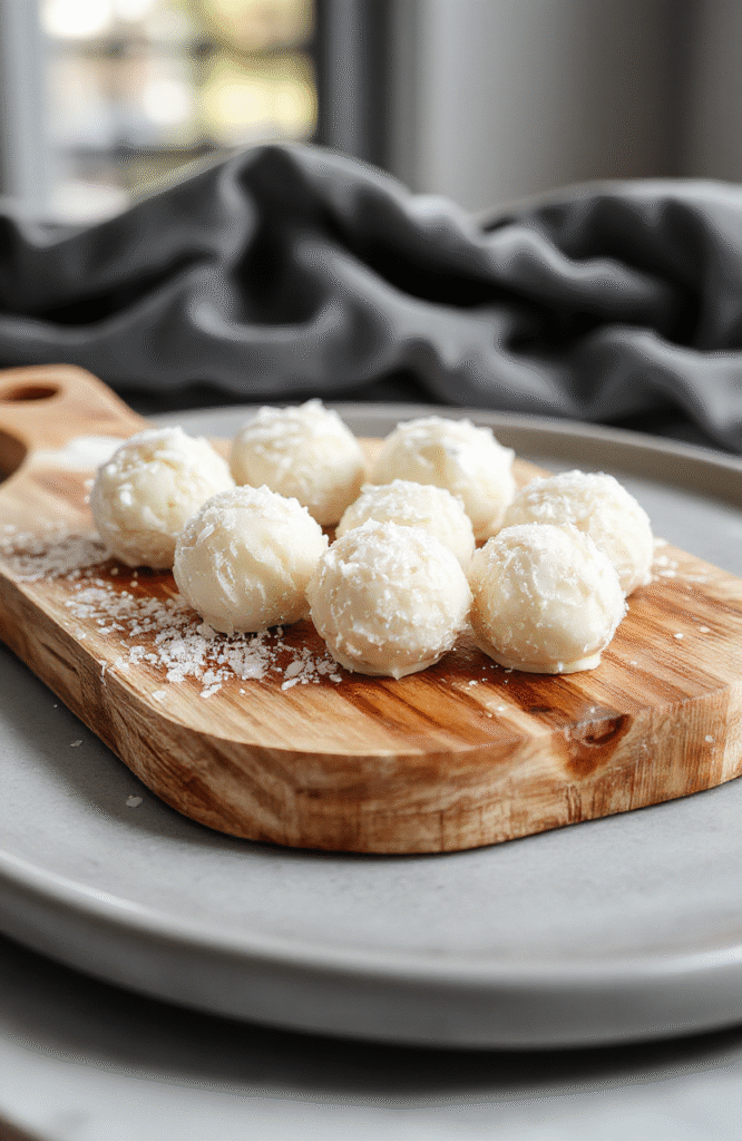Helles Foto zeigt eine elegante Schale mit weißen Kokospralinen auf einem Holztablett, umgeben von Kokosraspeln, die Pralinen sind glatt und cremig, mit einem leicht glänzenden Überzug und einer zarten Kokosnussmischung im Inneren, stilvoll präsentiert auf natürlichem Licht