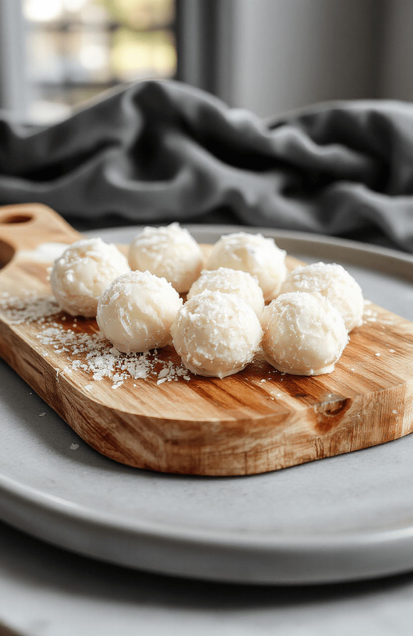 Helles Foto zeigt eine elegante Schale mit weißen Kokospralinen auf einem Holztablett, umgeben von Kokosraspeln, die Pralinen sind glatt und cremig, mit einem leicht glänzenden Überzug und einer zarten Kokosnussmischung im Inneren, stilvoll präsentiert auf natürlichem Licht