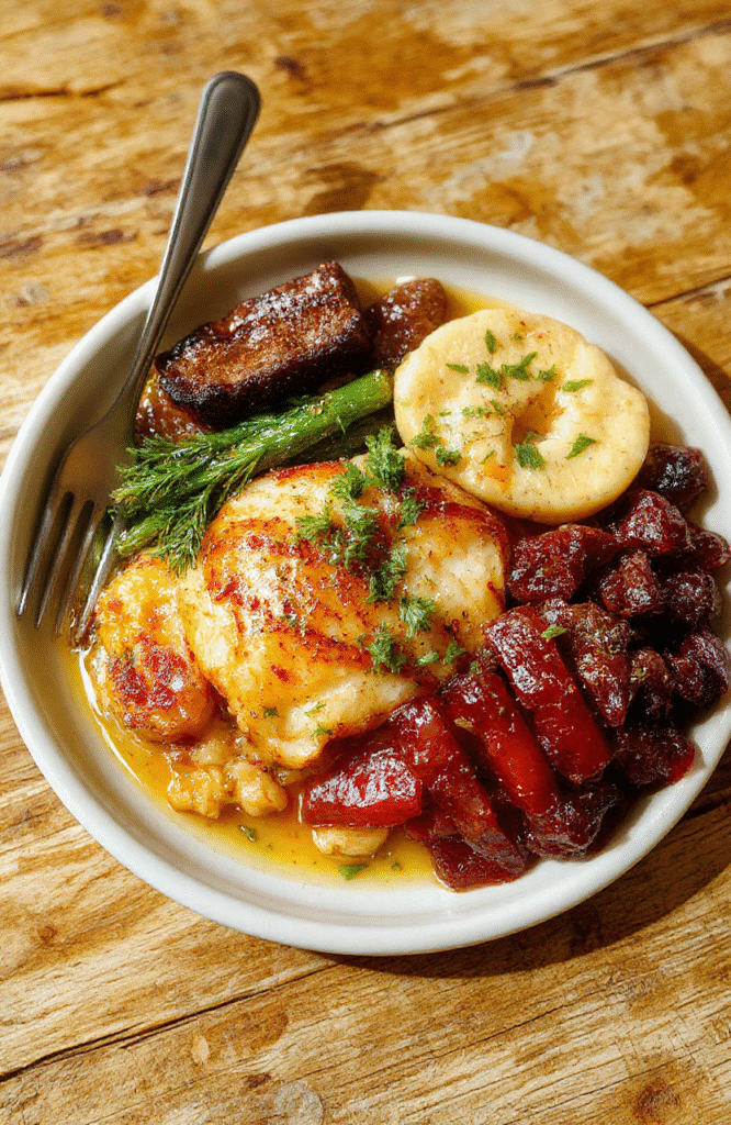 Bunter Teller mit zartem Hühnchenfilet, saftigen Paprikastreifen und grünen Zucchini, alles cremig bedeckt in einer leckeren Soße. Das Gericht ist schön angerichtet mit frischen Kräutern und leuchtenden Farben, die Texturen sind zart und saftig, ideal für einen schnellen Genuss.