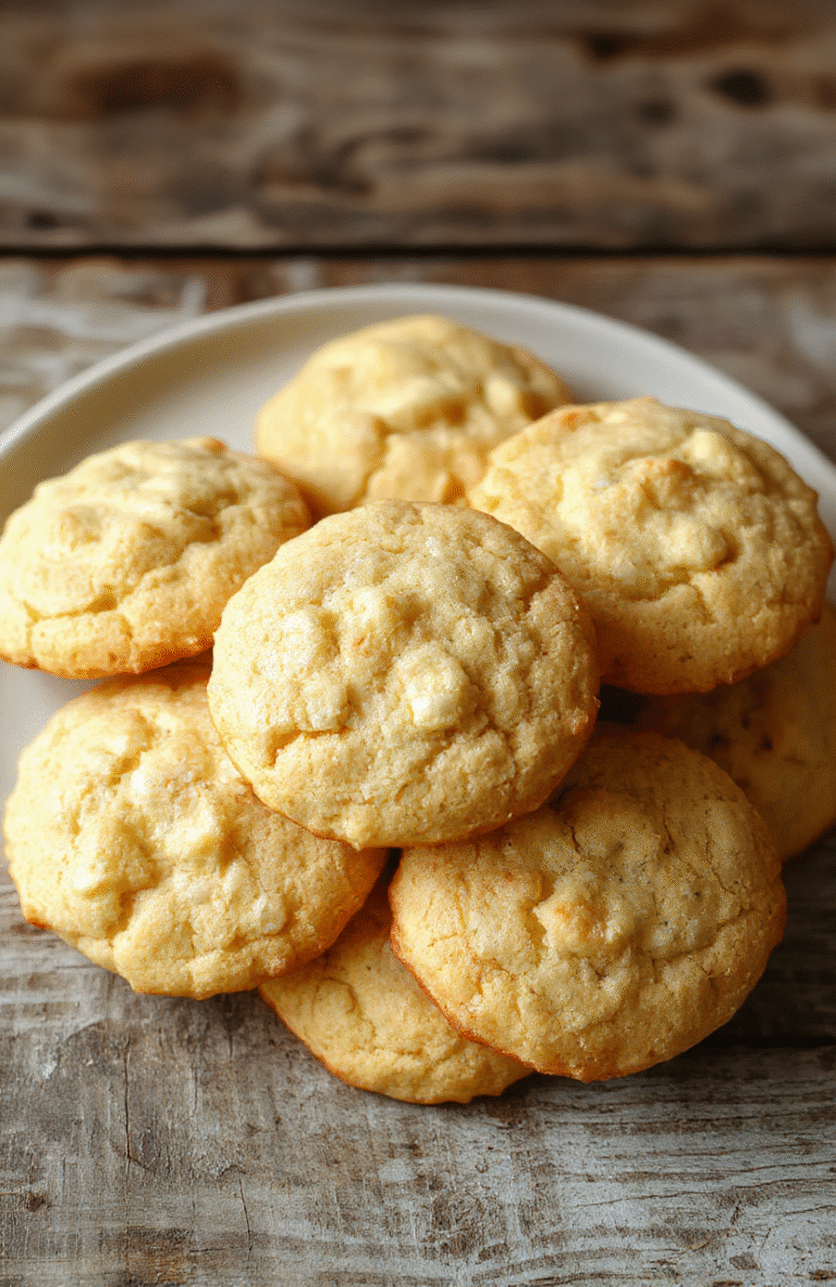 Helle, zarte Butterplätzchen auf weißem Porzellanservierteller, dekoriert mit Zuckerguss und bunten Streuseln, sanft im Licht beleuchtet, mit einem rustikalen Holzuntergrund im Hintergrund