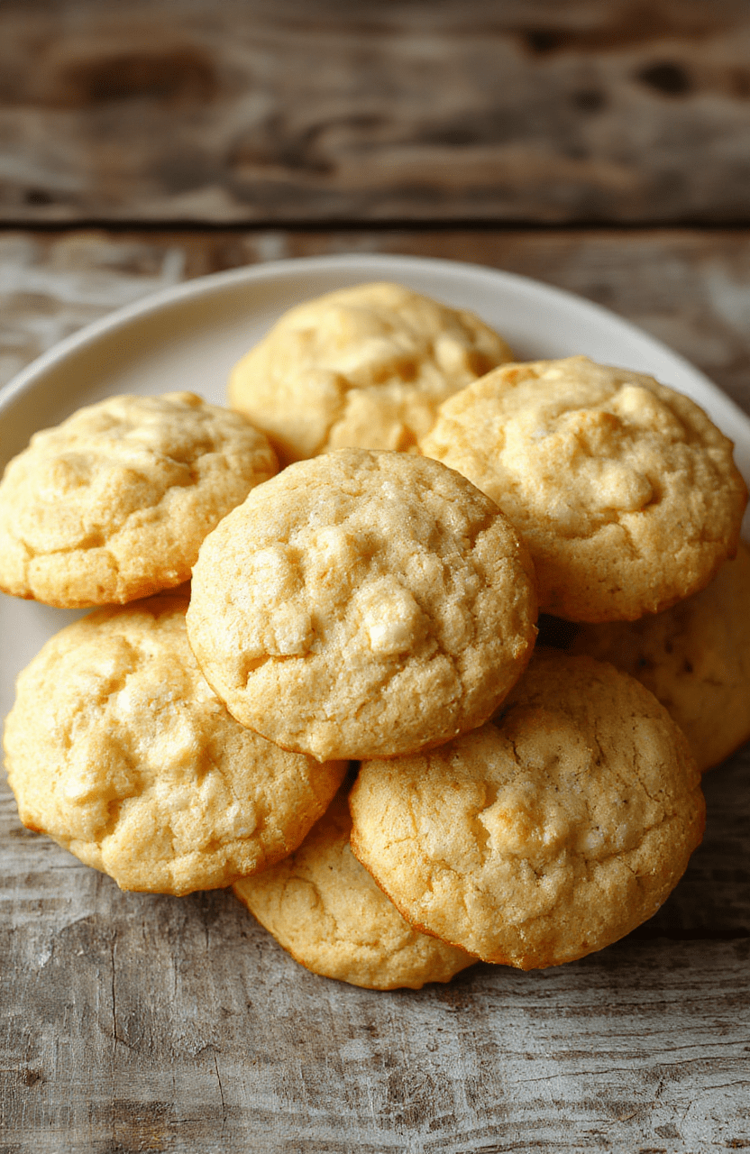 Helle, zarte Butterplätzchen auf weißem Porzellanservierteller, dekoriert mit Zuckerguss und bunten Streuseln, sanft im Licht beleuchtet, mit einem rustikalen Holzuntergrund im Hintergrund