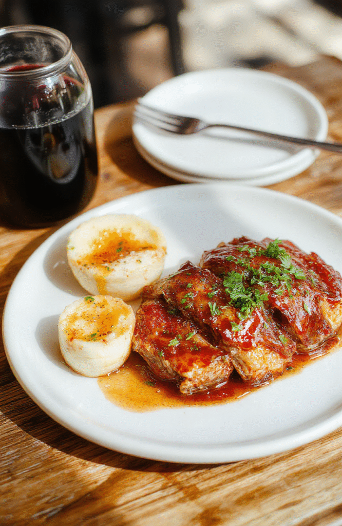 Helle, zarte Engelsaugen Kekse mit einer großzügigen Marmeladenfüllung in der Mitte, auf einem rustikalen Holztablett, mit Puderzucker bestäubt, im warmen Licht, charmant und einladend präsentiert.