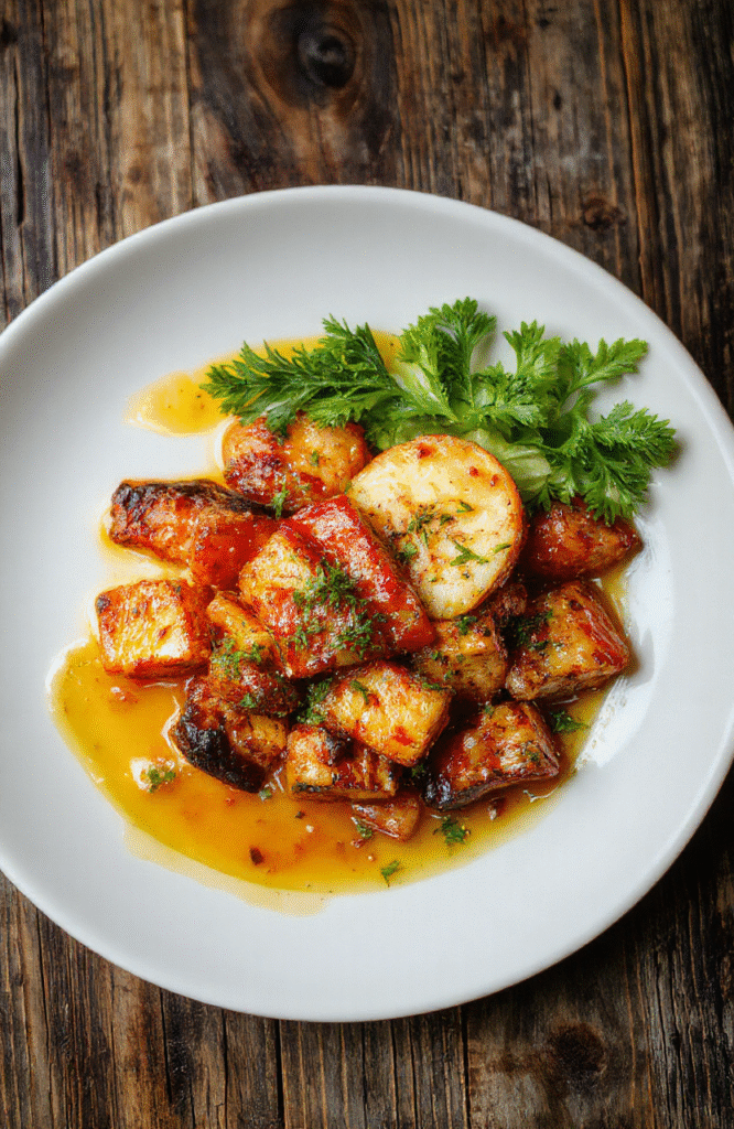 Helle, goldene Haselnussmakronen auf einem weißen Teller, dekorativ mit Puderzucker bestäubt, kreative Anordnung mit leichten Texturen und einem subtilen Glanz, vor einem unscharfen festlichen Hintergrund