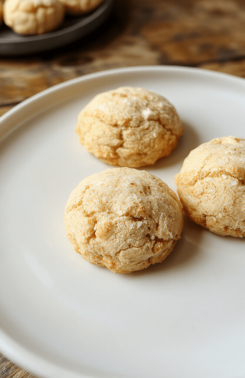 Helle, zarte Heidesand Plätzchen auf einem weißen Teller, dekoriert mit Puderzucker, mit einer knusprigen Textur, feine Rillen auf der Oberfläche, warmes Licht, weihnachtliche Atmosphäre im Hintergrund