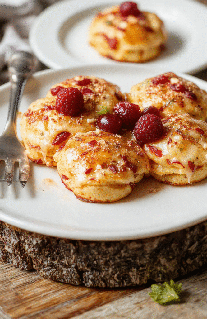 Himbeerplätzchen in einer weißen Schale auf einem Holzbrett, mit Puderzucker bestäubt, helles Licht, dekorativ mit frischen Himbeeren im Hintergrund, goldene und rote Töne, appetitliche Textur, einladende_Zubereitung