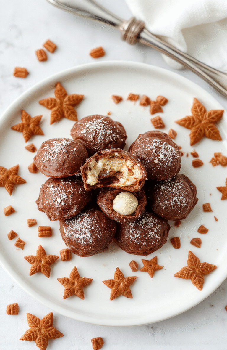 Bunte Schokoladentrüffel mit nussigem Toffifee-Innern auf weißem Teller, umgeben von Zuckersternen und Vanillepuder, stilvoll angerichtet mit weihnachtlicher Dekoration, farbenfrohe Oberfläche, appetitliche Textur, festliche Stimmung