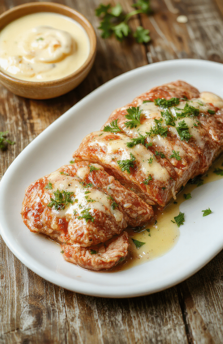 Zartes Rinderfilet in Scheiben geschnitten, auf einem weißen Teller angerichtet, umgeben von einer cremigen Knoblauch-Dijon Sauce, mit frischen Kräutern garniert, sommerlich beleuchtet, appetitlich und edel