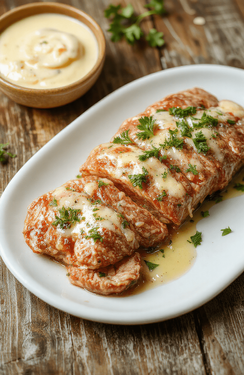 Zartes Rinderfilet in Scheiben geschnitten, auf einem weißen Teller angerichtet, umgeben von einer cremigen Knoblauch-Dijon Sauce, mit frischen Kräutern garniert, sommerlich beleuchtet, appetitlich und edel