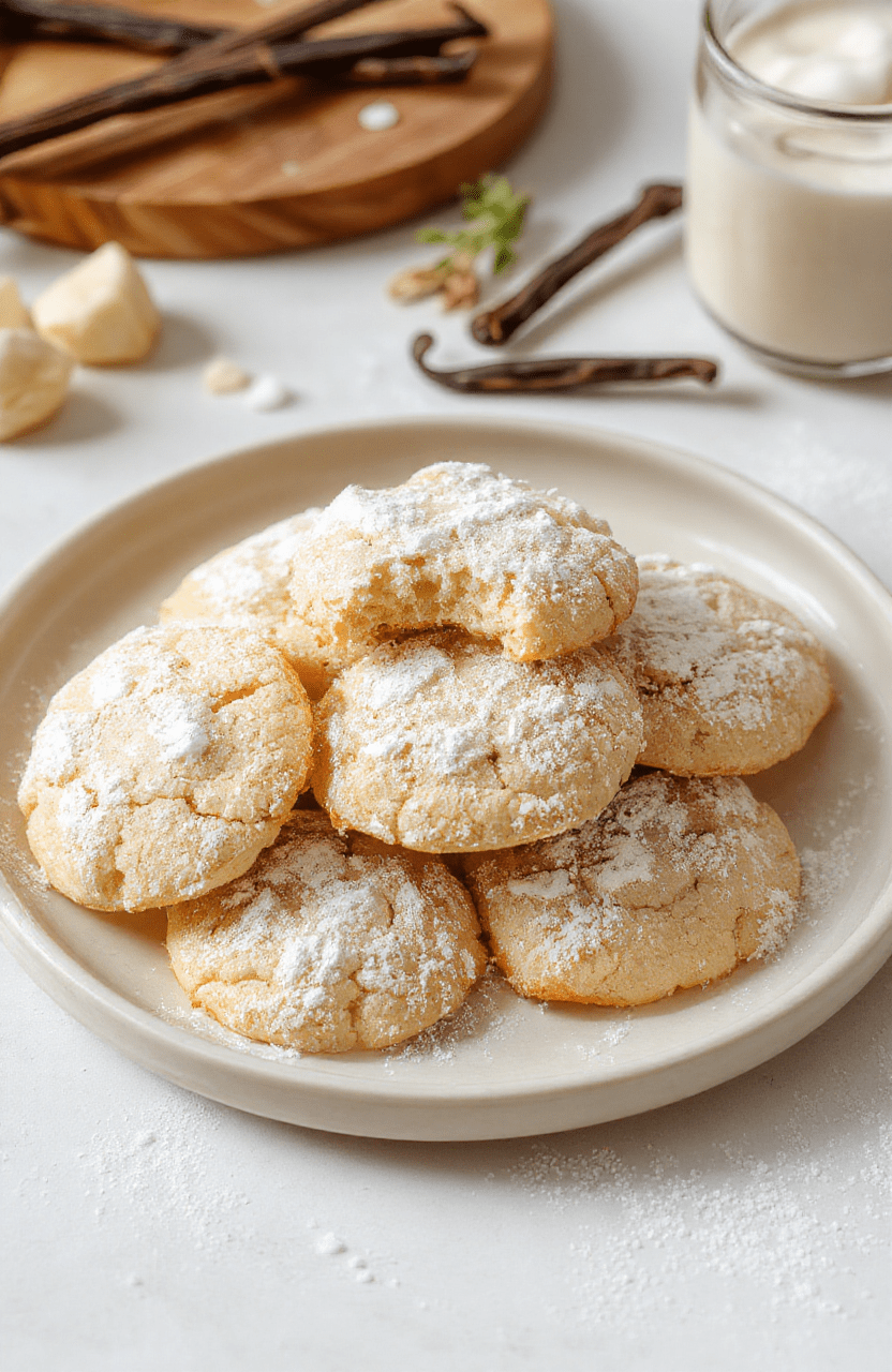 Zarte, goldene Vanillekipferl auf einem weißen Teller, bestäubt mit Puderzucker, mit Vanilleschoten und Meersalz im Hintergrund, helles Licht und weiche Schatten, stilvoll und einladend