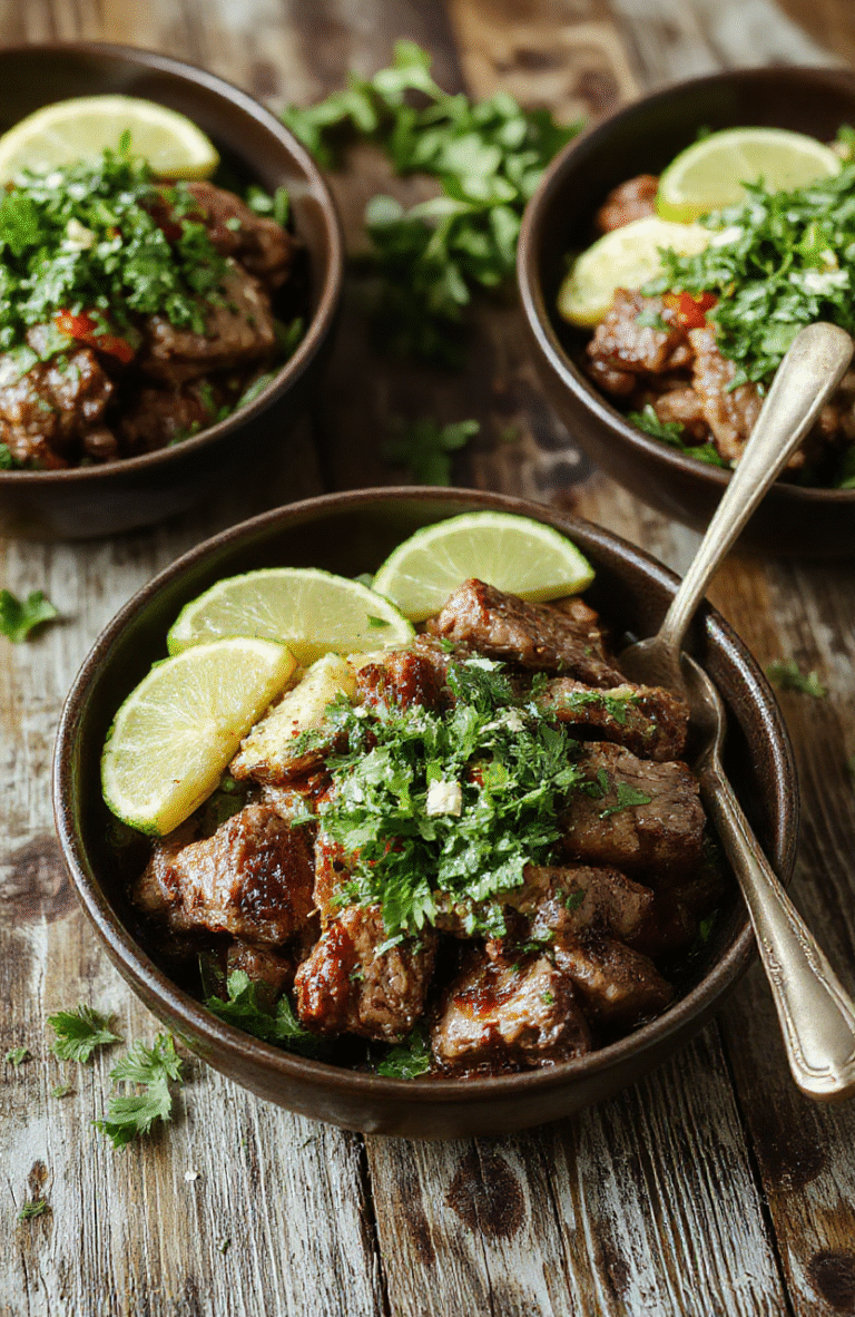 A vibrant plate featuring glazed steak slices atop cilantro and lime infused rice, garnished with fresh cilantro leaves and lime wedges, colorful vegetables around, styled simply with a rustic wooden background, textures of glossy steak, fresh herbs, and fluffy rice, bright and appetizing.