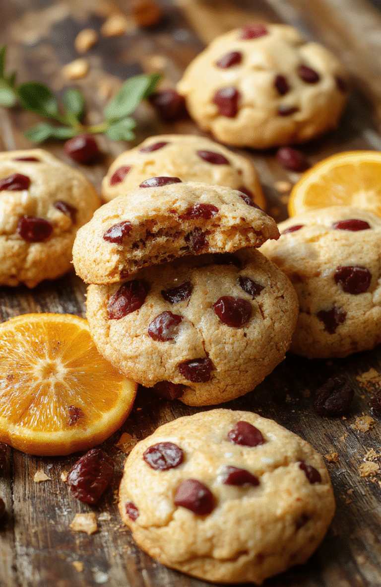 Colorful Zesty Orange Cranberry Cookies arranged on a rustic wooden platter, garnished with fresh cranberries and orange zest, showcasing textures of chewy cranberries and crisp edges, styled with holiday-themed accents like pinecones and holly leaves, with a natural background.
