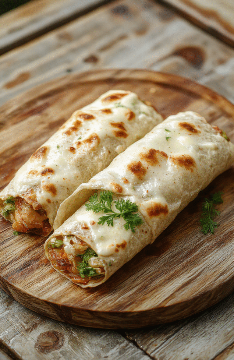 Hähnchen-Wraps mit geschmolzenem Käse und Knoblauch, frisch auf einem rustikalen Holzteller angerichtet, mit knusprigem Pfannenbrot, aromatisch und verlockend, mit frischer Petersilie garniert.