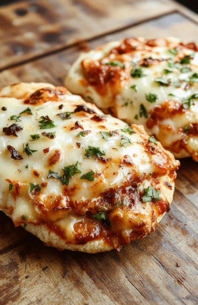 A colorful plate of four pita pizzas topped with melted cheese, fresh tomatoes, basil leaves, vibrant bell peppers, and olives, arranged neatly on a rustic wooden surface with scattered ingredients around. The textures of the crispy pita crust and gooey cheese are clearly visible, styled simply for a casual, inviting presentation.