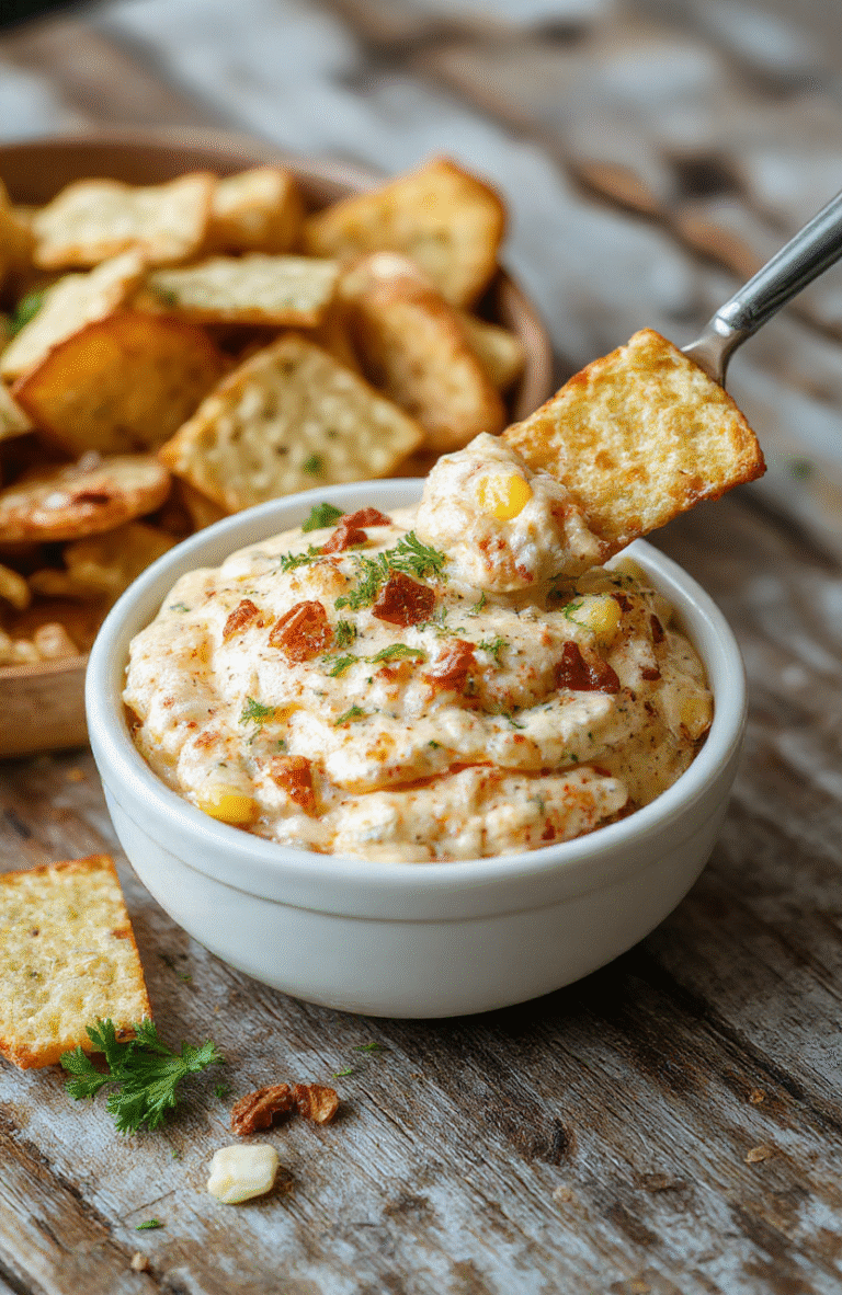 A vibrant bowl of hot crack corn dip topped with melted cheese and crispy bits, served alongside colorful vegetables on a rustic wooden table, inviting and cheesy textures, garnished with fresh herbs, with a warm ambiance and appealing presentation.
