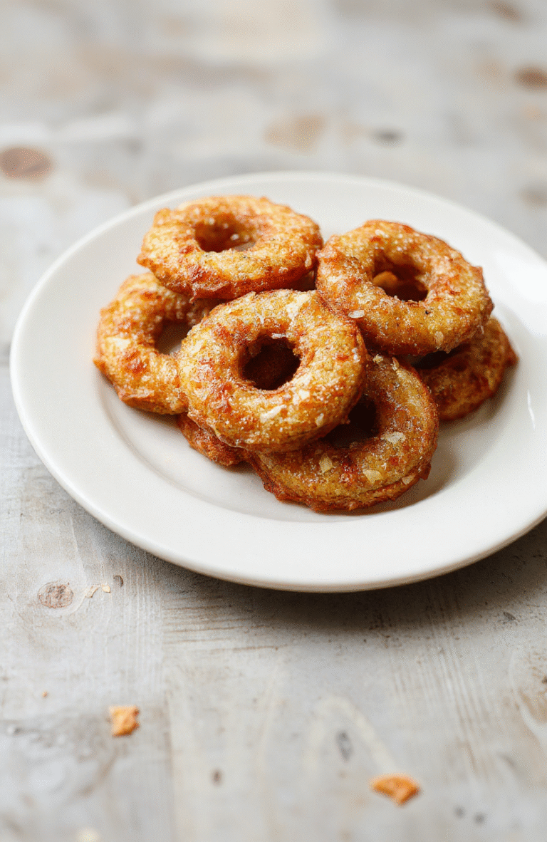 Knusprige Apfelringe mit goldbrauner Oberseite, serviert auf einem neutrals Farbtablett, umgeben von frischen Apfelscheiben, die Textur ist knusprig außen und saftig innen, mit Zimt bestäubt.