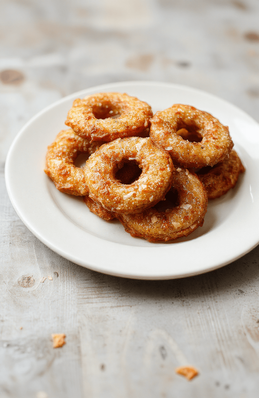 Knusprige Apfelringe mit goldbrauner Oberseite, serviert auf einem neutrals Farbtablett, umgeben von frischen Apfelscheiben, die Textur ist knusprig außen und saftig innen, mit Zimt bestäubt.