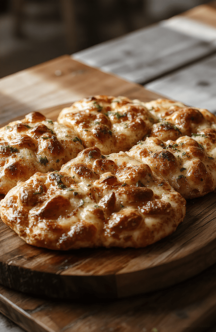 Frisch gebackene Pizzabrötchen auf einem hölzernen Teller, goldbraun und mit geschmolzenem Käse, Tomaten und Basilikum dekorativ garniert, appetitlich angerichtet