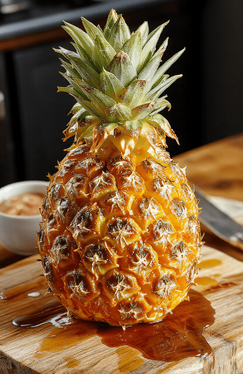 Bunt angerichteter Teller mit saftigem Hähnchen, umgeben von karamellisierten Ananasstücken, frische Kräuter als Garnitur, helles Licht, ansprechende Präsentation im natürlichen Tageslicht, appetitlich und einladend