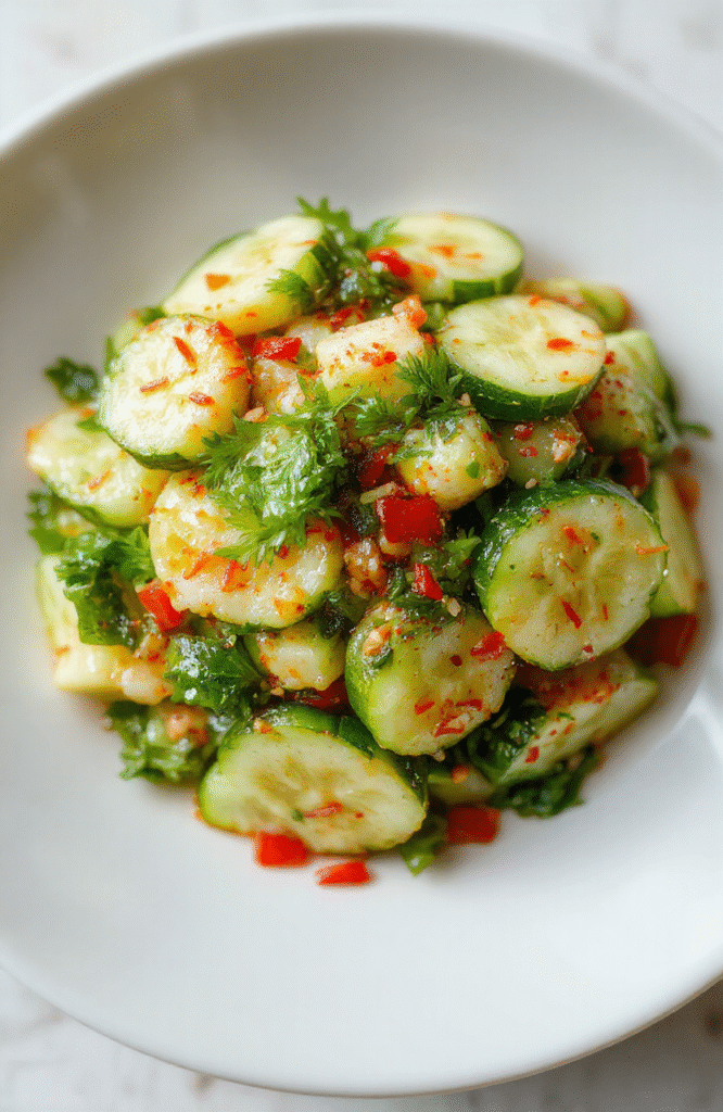 Frischer asiatischer Gurkensalat mit dünnen Gurkenscheiben, serviert in einer weißen Schüssel, verziert mit frischen Kräutern, leicht schimmerndem Dressing und knackigen Texturen