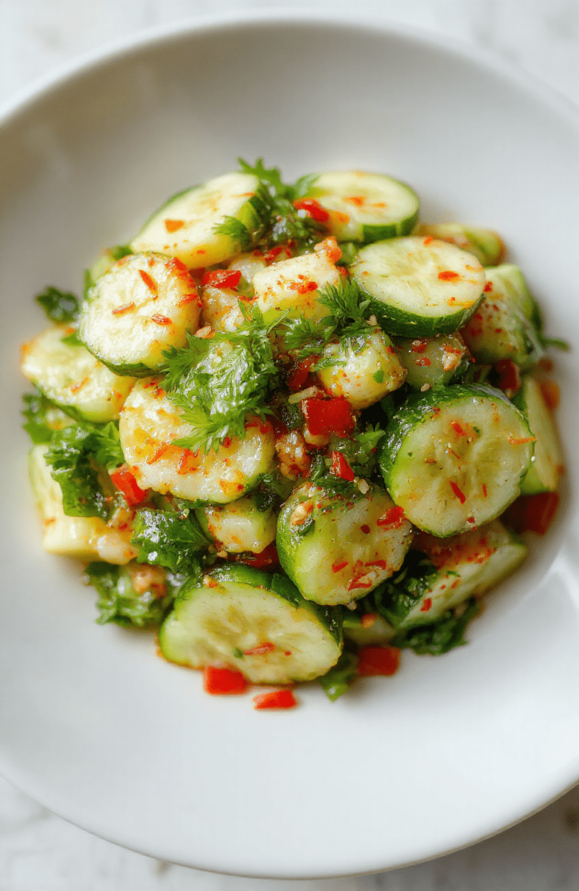 Frischer asiatischer Gurkensalat mit dünnen Gurkenscheiben, serviert in einer weißen Schüssel, verziert mit frischen Kräutern, leicht schimmerndem Dressing und knackigen Texturen
