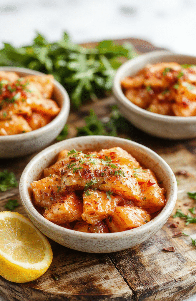 Colorful salmon bites arranged beautifully in a bowl with vibrant vegetables, drizzled with a creamy sauce, garnished with sesame seeds and green onions, styled on a neutral wooden surface.