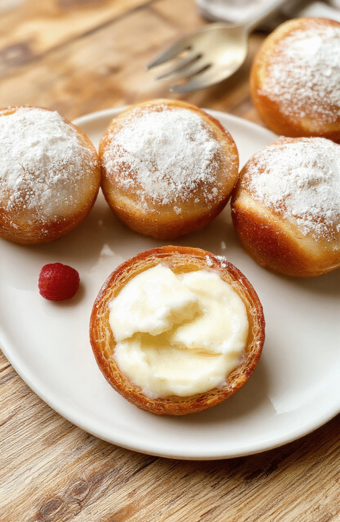 Goldene, luftige Quarkbällchen auf einem weißen Teller, mit Puderzucker bestäubt, serviert auf einem Holztisch, appetitlich und einladend, Nahaufnahme