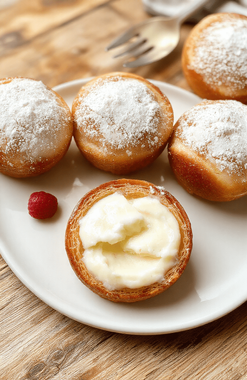 Goldene, luftige Quarkbällchen auf einem weißen Teller, mit Puderzucker bestäubt, serviert auf einem Holztisch, appetitlich und einladend, Nahaufnahme