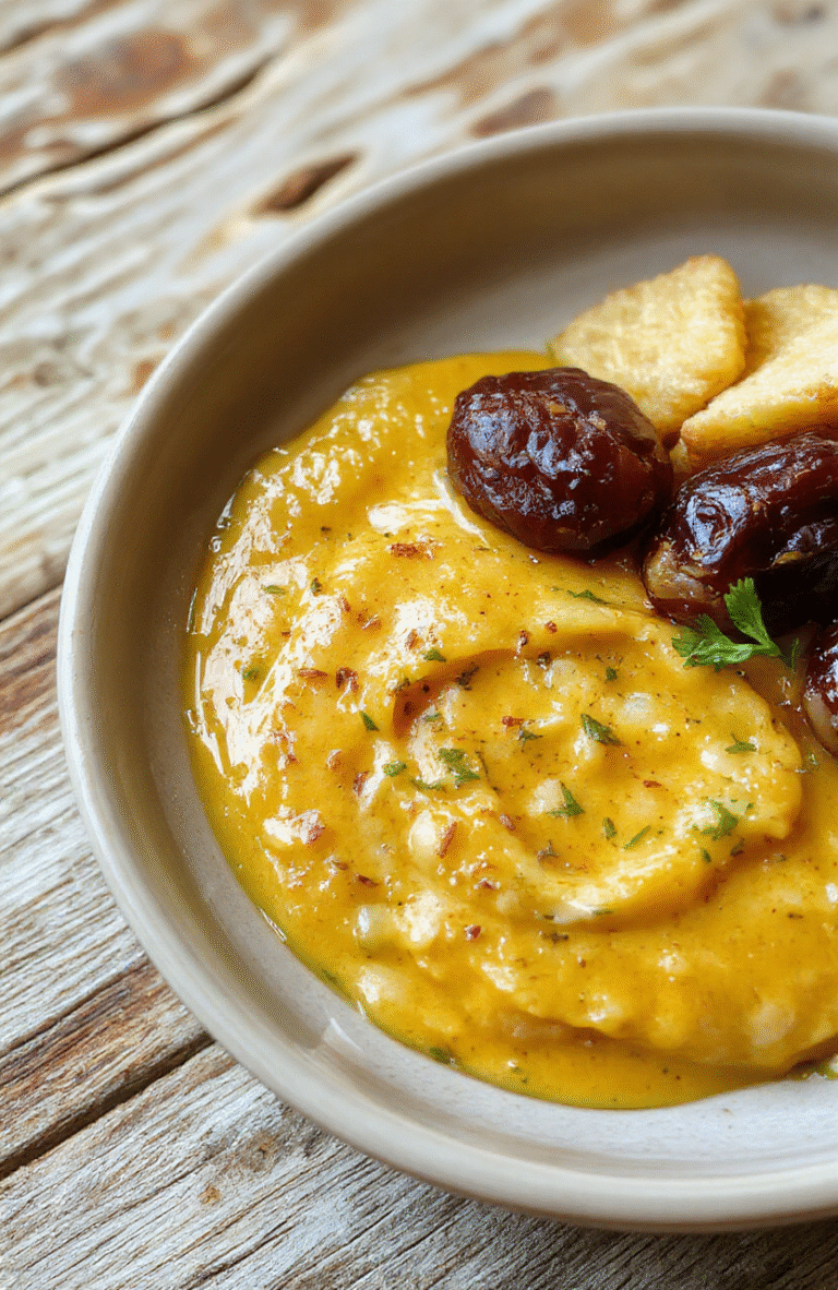 Ein cremiger Dip mit dunklen Datteln, gewürzt mit Curry, serviert in einer kleinen Schüssel auf einem Holztisch, mit frischen Kräutern garniert