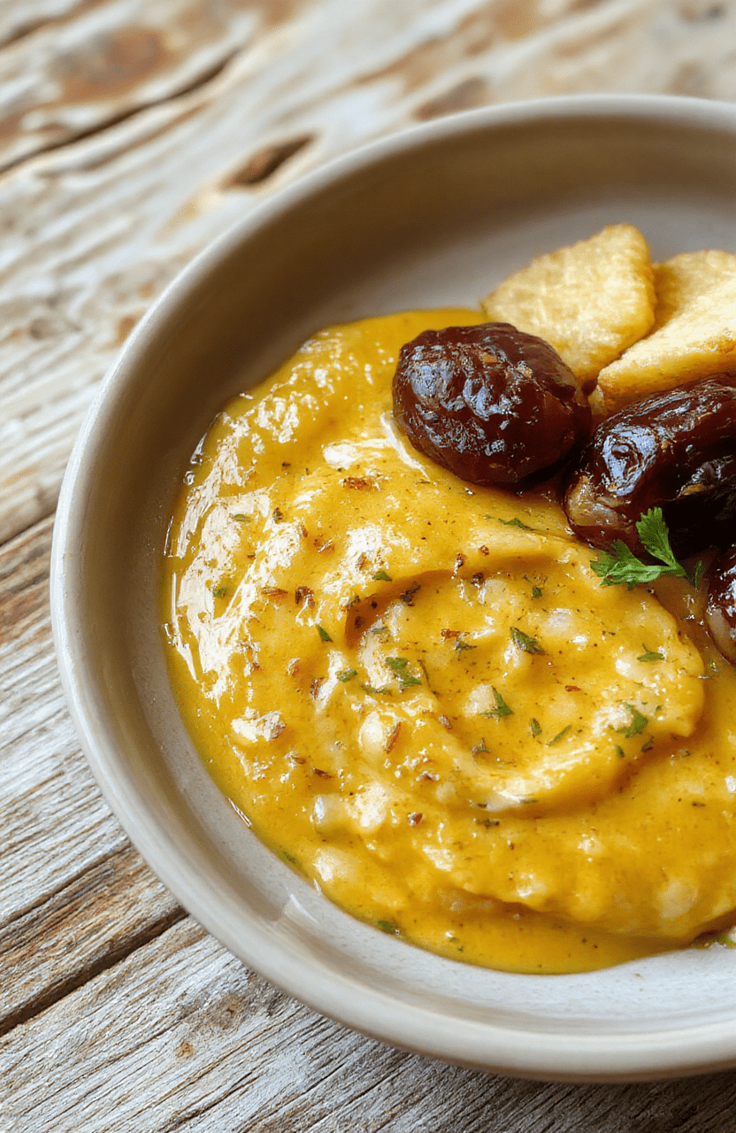 Ein cremiger Dip mit dunklen Datteln, gewürzt mit Curry, serviert in einer kleinen Schüssel auf einem Holztisch, mit frischen Kräutern garniert