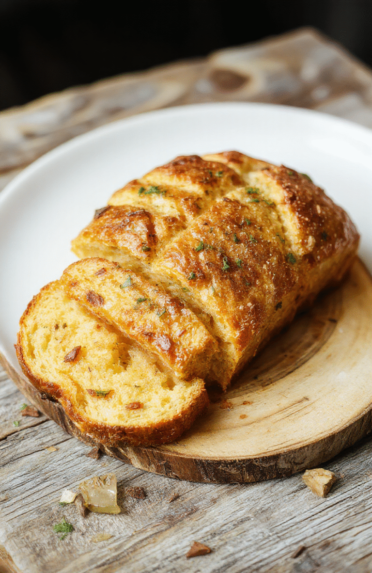 Frisches, goldbraunes Brot mit knuspriger Kruste, auf einem Holzteller serviert, mit luftiger Innenstruktur, neben einem Messer und Butterbutter.