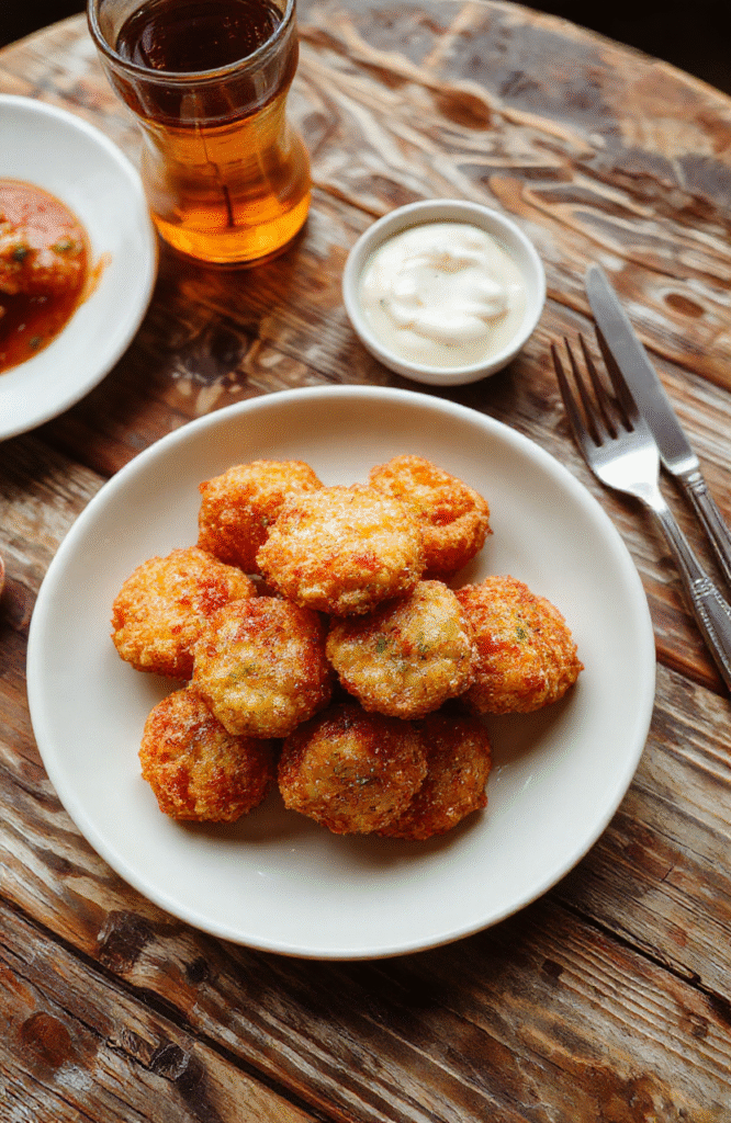 Bunte Brokkoli-Käse-Nuggets auf einem weißen Teller, knusprig gebacken, mit geschmolzenem Käse und grünen Brokkoliröschen, appetitlich angerichtet, frisch und lecker