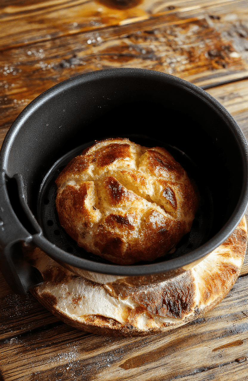 Frisch gebackenes Brot im Air Fryer auf einem rustikalen Holzteller, knusprige goldene Kruste, weiche Innenstruktur, bestens präsentiert