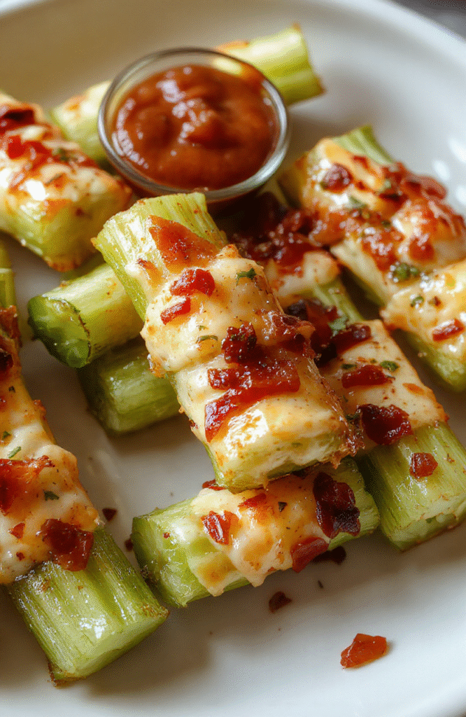 A bright white plate filled with crispy celery sticks generously stuffed with creamy cheddar cheese, cooked bacon pieces, and sprinkled with fresh herbs. The vibrant green celery contrasts with the golden brown bacon and sharp cheddar, creating a colorful and inviting presentation perfect for a snack or party appetizer. The textures of crunchy celery and melted cheese are emphasized, making it look delicious and satisfying.