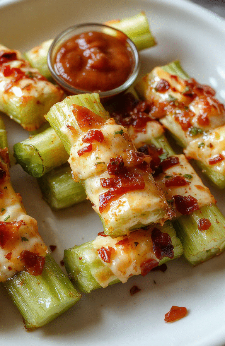 A bright white plate filled with crispy celery sticks generously stuffed with creamy cheddar cheese, cooked bacon pieces, and sprinkled with fresh herbs. The vibrant green celery contrasts with the golden brown bacon and sharp cheddar, creating a colorful and inviting presentation perfect for a snack or party appetizer. The textures of crunchy celery and melted cheese are emphasized, making it look delicious and satisfying.