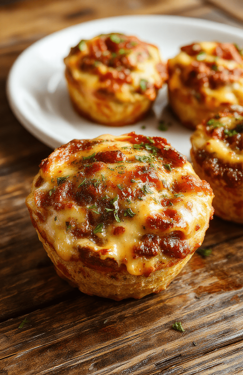 Mehrere Cheeseburger-Muffins, goldbraun und saftig, auf einem hellen Holztablett serviert, mit geschmolzenem Käse, Sesam und kleinen Paprikastücken als Dekoration, ein appetitliches und einladendes Gericht