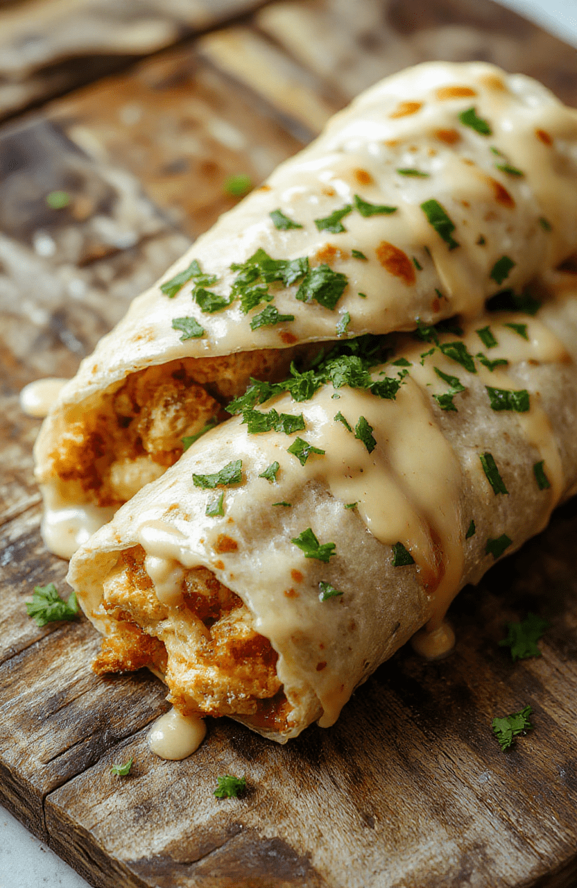 Golden-brown chicken wraps filled with melted cheese, crispy garlic, and fresh herbs, sliced open to reveal gooey cheese and tender chicken, styled on a rustic wooden plate with a creamy garlic sauce drizzled beside, vibrant colors and inviting textures.