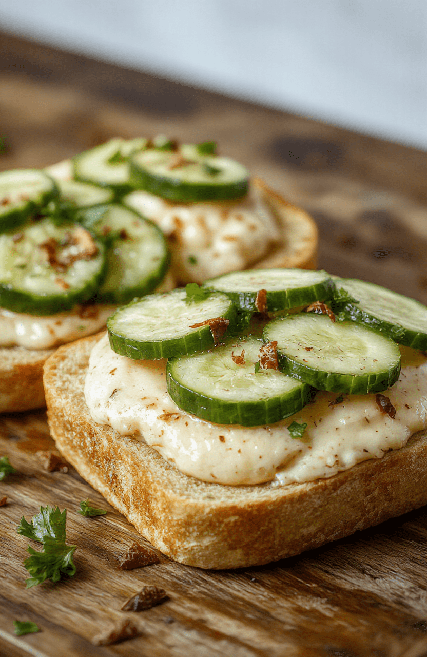 A plate of elegantly arranged cucumber sandwiches with crisp cucumber slices, soft bread, and fresh herbs, colorful garnishes, styled on a rustic wooden surface with a light background, emphasizing textures and vibrant colors.