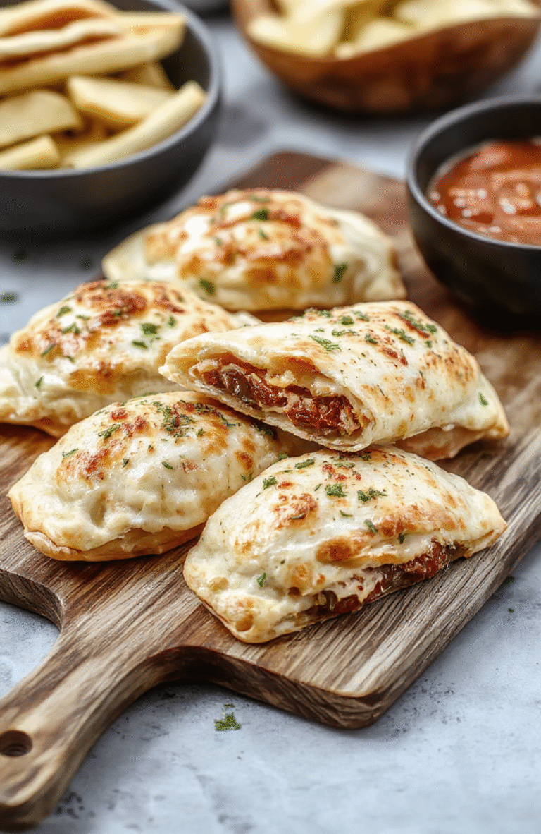 A golden-brown calzone sliced open to reveal melted cheese, ham, and vegetables on a rustic wooden surface, with crispy edges and steam rising, styled simply with a background of fresh ingredients and soft natural light