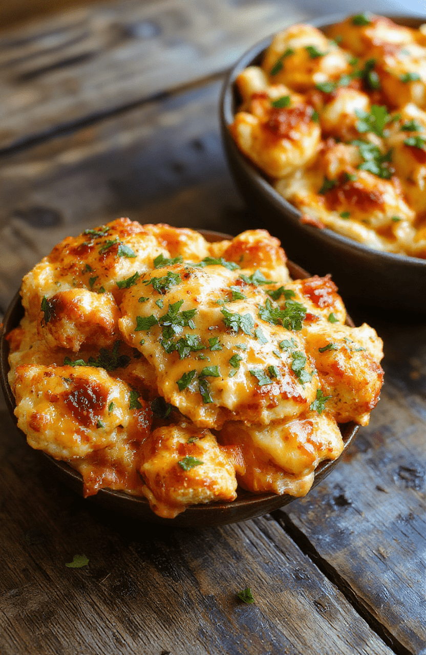 A vibrant dish featuring creamy buffalo sauce-coated chicken pieces and tender cauliflower florets arranged neatly on a white ceramic plate. The casserole has a rich, orange-red hue from the buffalo sauce, topped with melted cheese and garnished with chopped green onions. The textures contrast creamy, crispy, and tender, styled on a rustic wooden table with a background of fresh ingredients and a side of dipping sauce.