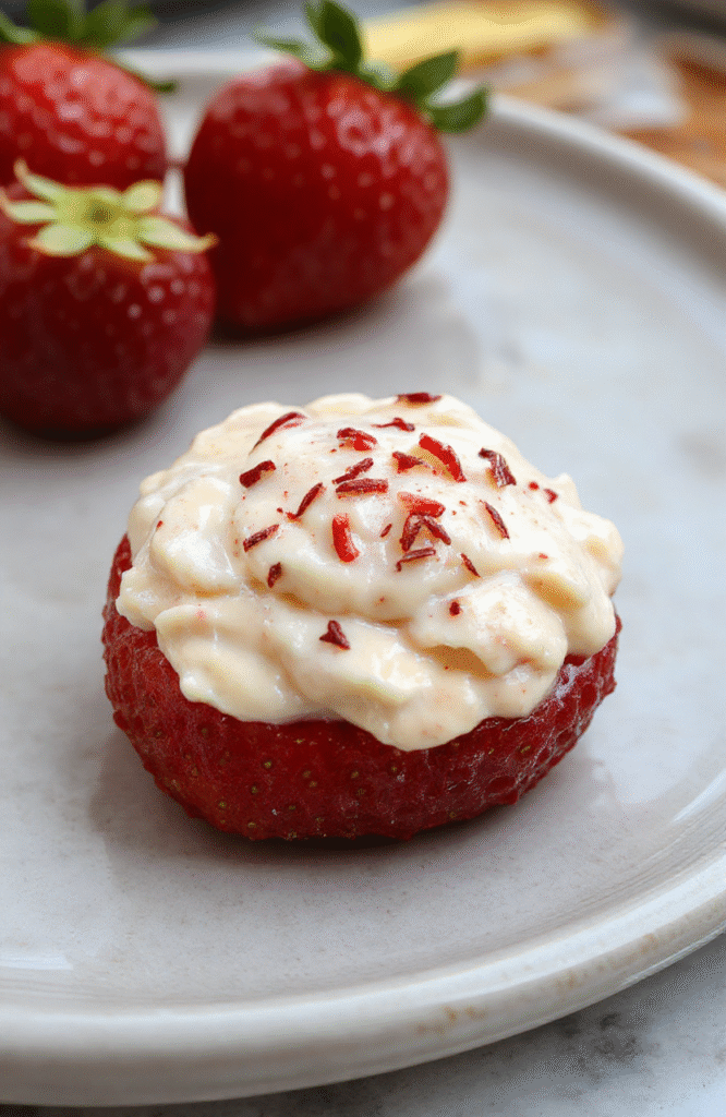 Vivid red strawberries stuffed with smooth, creamy filling, topped with a sprinkle of colorful garnish, artistically arranged on a white plate with a blurred pastel background, highlighting the glossy texture and vibrant color contrast.