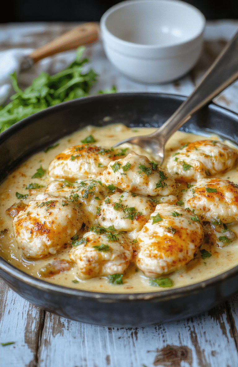 A vibrant and inviting pepperoncini chicken skillet featuring golden-brown chicken breasts topped with sliced pepperoncini peppers, creamy sauce drizzled over, garnished with fresh herbs. The dish is plated on a rustic wooden surface with a side of fresh green herbs and lemon slices, showcasing textures of tender chicken, spicy peppers, and smooth creamy sauce, styled in a cozy, appetizing manner.