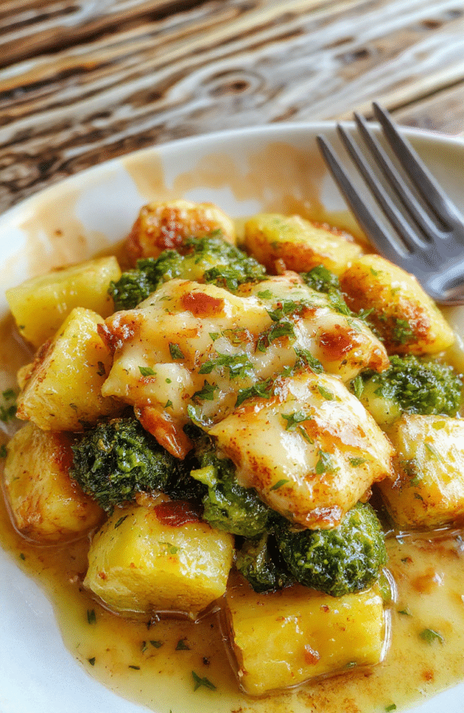 Cremige Brokkoli-Kartoffeln auf einem weißen Teller, grün leuchtender Brokkoli, goldene Kartoffeln, cremige Sauce, lässige Anrichtung, natürliche Beleuchtung.