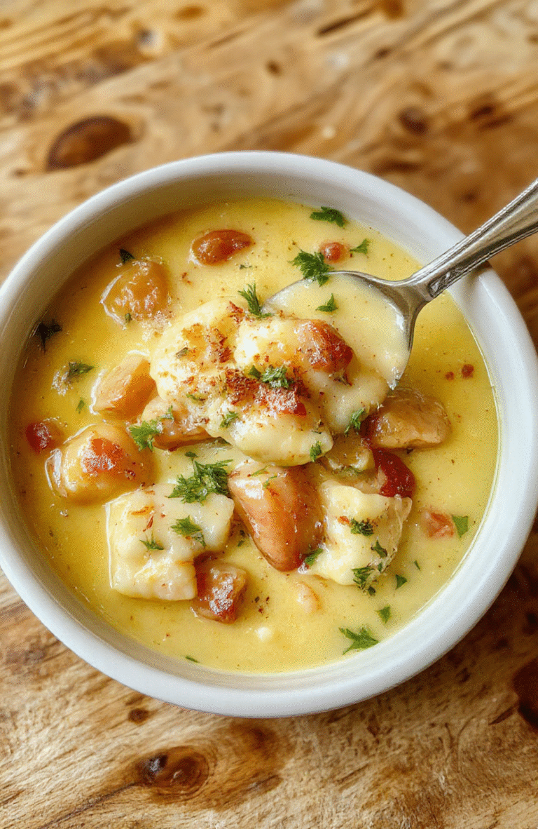 Eine cremige Hähnchensuppe in einer weißen Schüssel, garniert mit frisch geriebenem Parmesan und frischen Basilikumblättern. Die Suppe hat eine goldene, cremige Textur mit zarten Hähnchenstücken und geschmolzenem Käse, serviert auf einem rustikalen Holztisch.