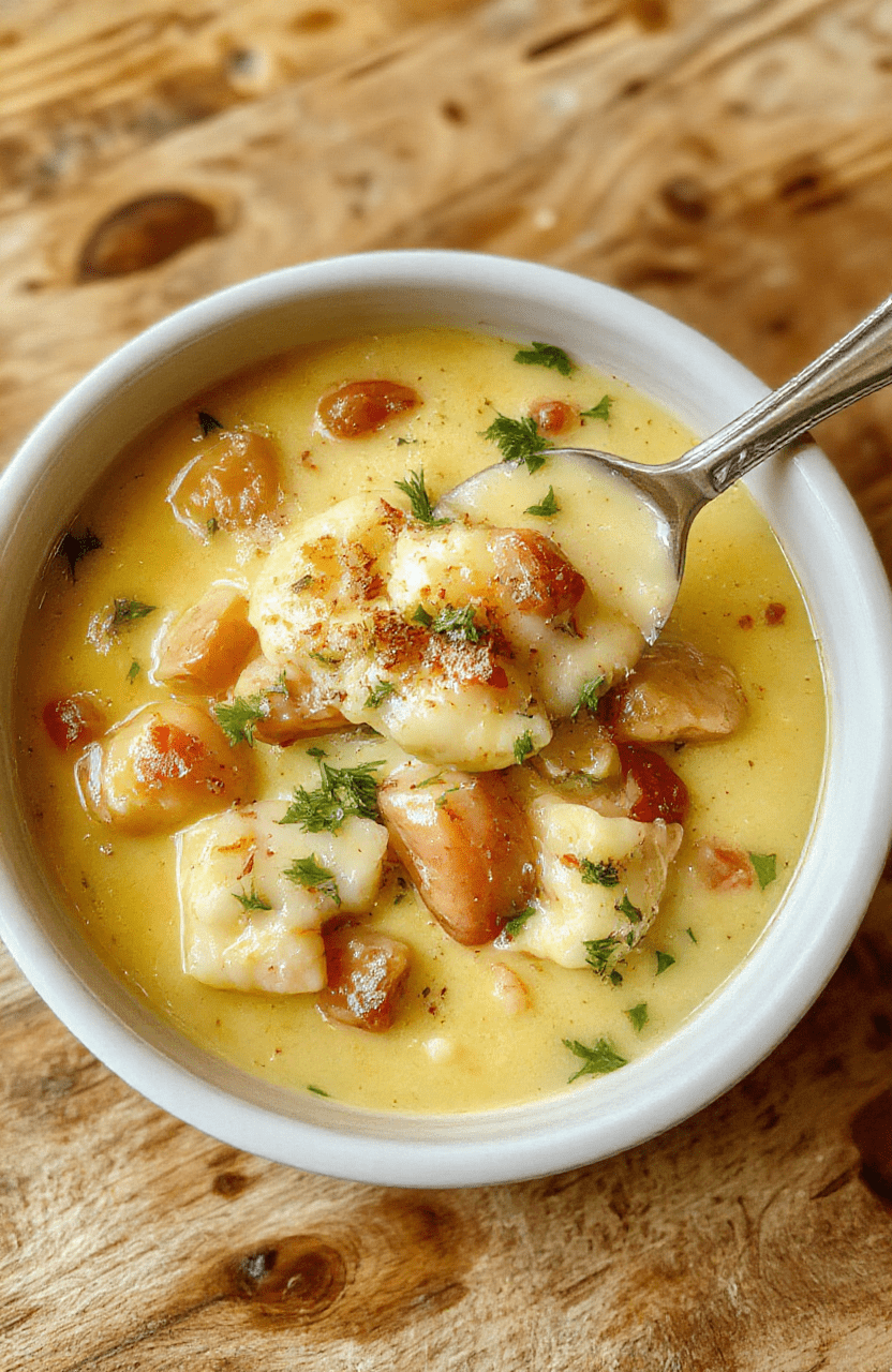 Eine cremige Hähnchensuppe in einer weißen Schüssel, garniert mit frisch geriebenem Parmesan und frischen Basilikumblättern. Die Suppe hat eine goldene, cremige Textur mit zarten Hähnchenstücken und geschmolzenem Käse, serviert auf einem rustikalen Holztisch.