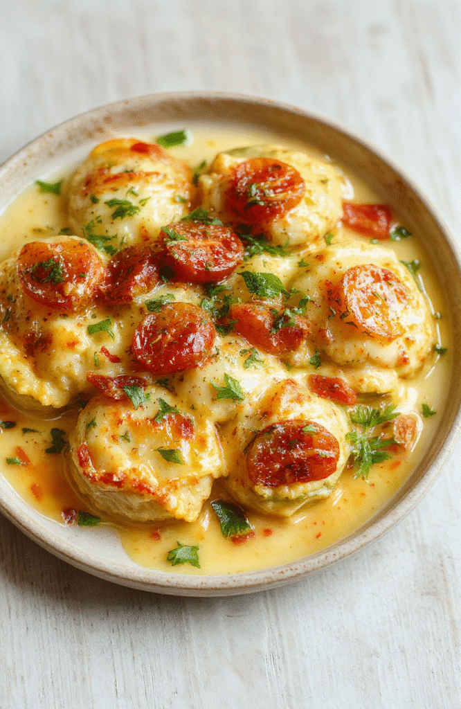 Bunte Cremige Maultaschenpfanne mit frischen Zucchini und Tomaten, serviert auf einem hellen Holzbrett, dampfend und appetitlich