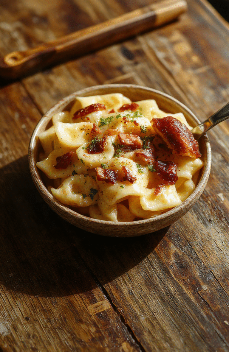 Bunter Teller mit cremigen Spätzle, knusprigem Speck und frisch gehobeltem Parmesan, schön angerichtet in einem rustikalen Keramikschälchen.
