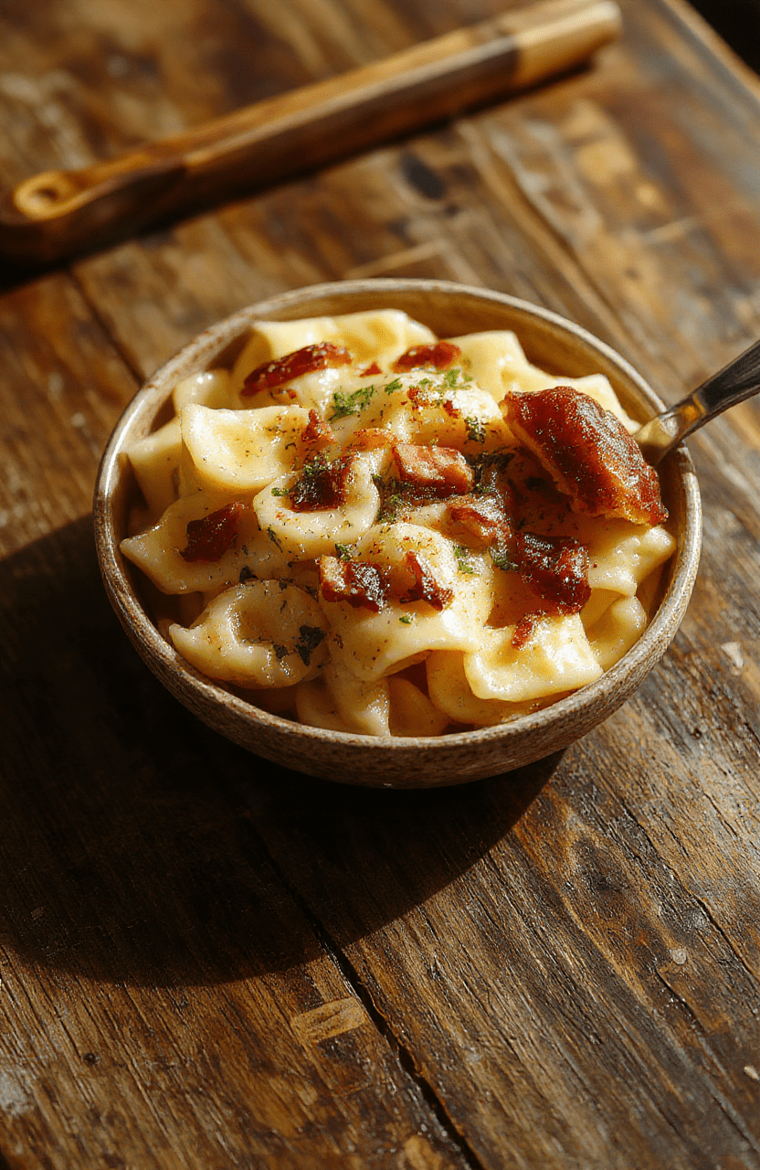 Bunter Teller mit cremigen Spätzle, knusprigem Speck und frisch gehobeltem Parmesan, schön angerichtet in einem rustikalen Keramikschälchen.