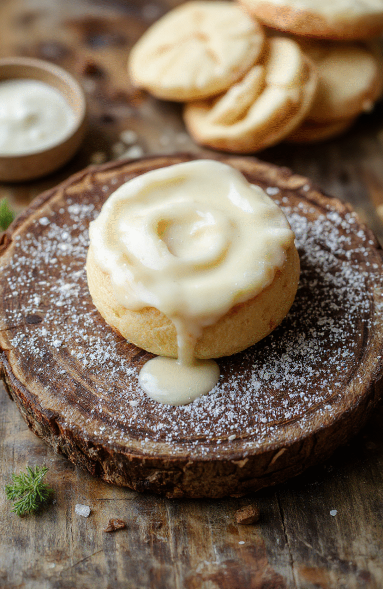 Eine cremige Zimtcreme in einer eleganten Schale, garniert mit einer Portion hausgemachtem Apfelmus, umgeben von Zimtstaub und frischen Apfelstücken, auf einem rustikalen Holzbrett mit fallenden Zimtstangen im Hintergrund.