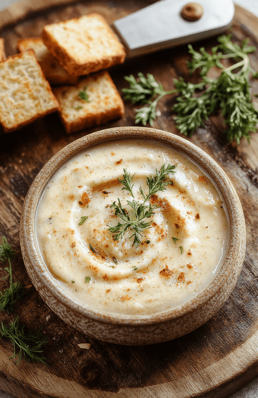 Ein cremiger Zwiebel-Dip in einer kleinen Schüssel, mit goldbraunen, karamellisierten Zwiebeln, serviert auf einem natürlichen Holzteller. Der Dip hat eine samtige Textur, umgeben von frischen Kräutern, mit einer rustikalen und einladenden Präsentation.